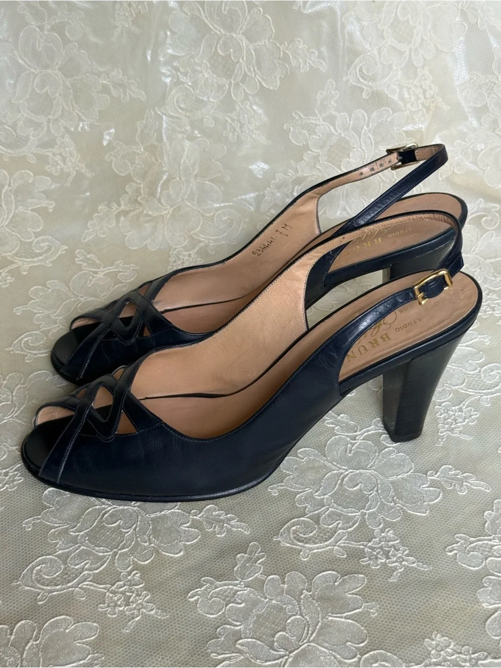 Bruno Magli Navy Blue Leather Slingback Peep-Toe Heels